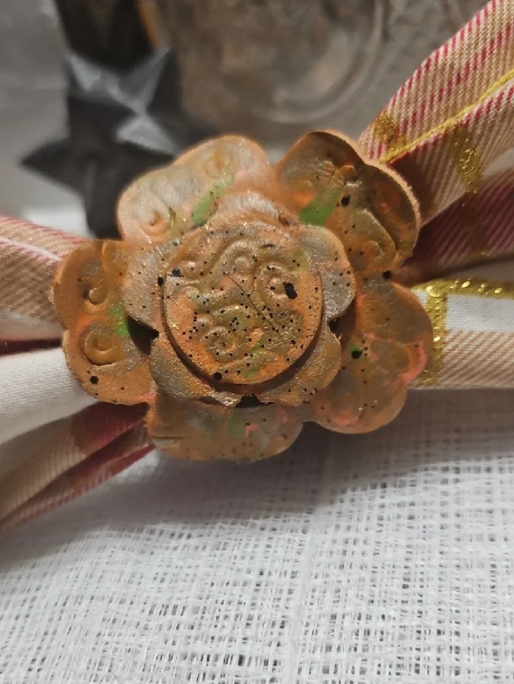 Handcrafted Plaid Dog Collar Bow Tie Peach Leather Floral Accent NEW